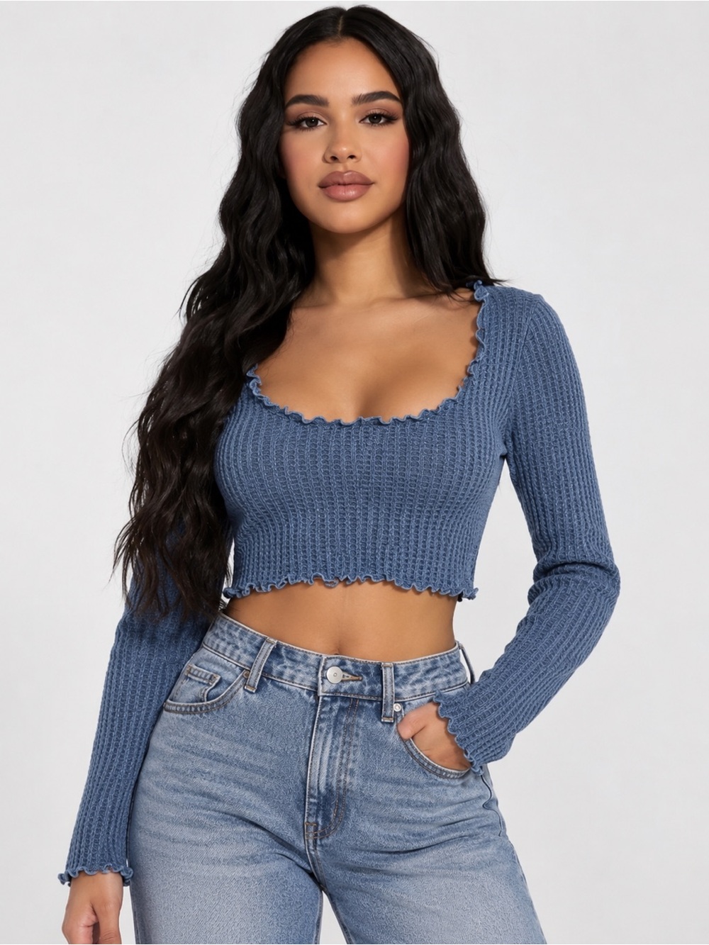 NWOT Dusty Blue Waffle Knit Lettuce Trim Long-Sleeve Crop Top
